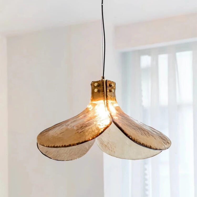 Vintage Amber Glass Floral Brass Pendant Light - 1-Light Fixture