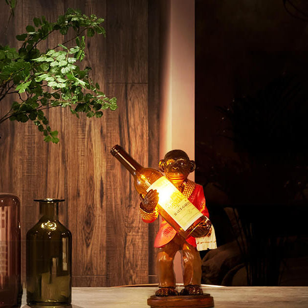 Retro Creative Monkey Resin Wine Bottle 1-Light Decoration Table Lamp, Unique Vintage Home Decor, Funky Animal Table Light, Quirky Wine Bottle Design Lamp, Stylish Monkey Figurine Night Light, Modern Chic Accent Lighting, Ideal Gift for Art Lovers, Decora