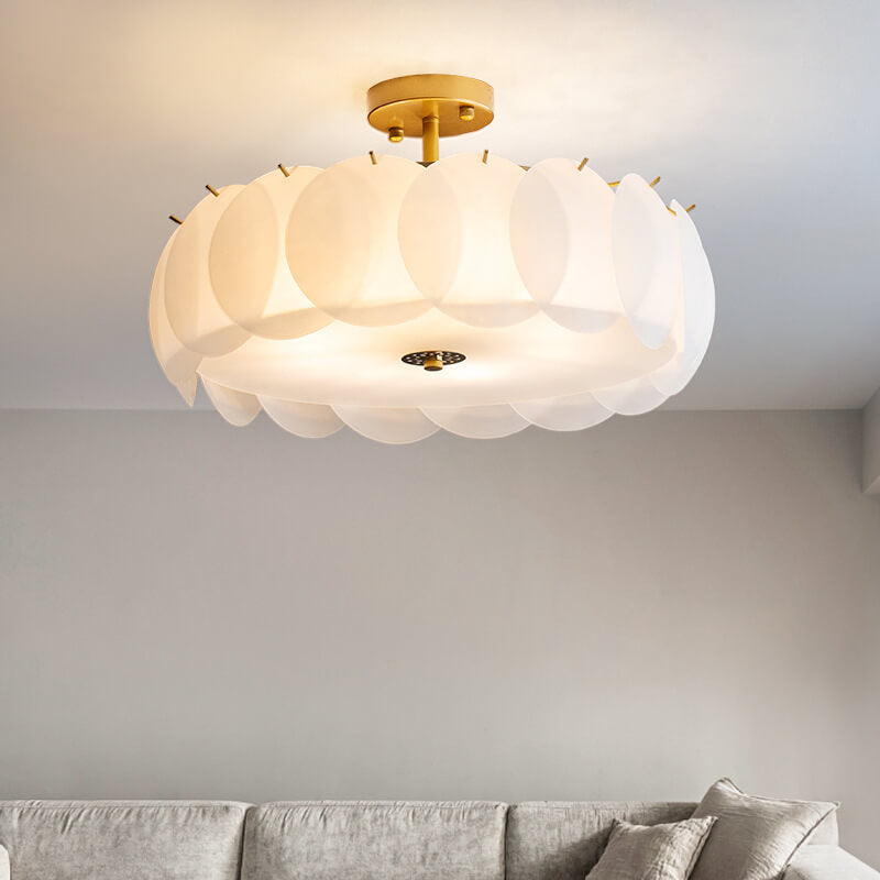 French Glass Round Drum Semi-Flush Mount Ceiling Light - 5/6 Light Fixture, Elegant Lighting, Modern Design, Home Decor, Living Room Illumination