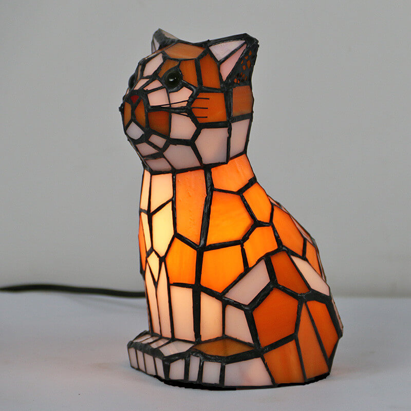 Tiffany Style Creative Cats Dogs Stained Glass Night Light Table Lamp 1-Light Art Deco Pet Decorative Lighting Home Accessories Unique Gifts for Cat Lovers Dog Lovers Bedroom Nightstand Decor