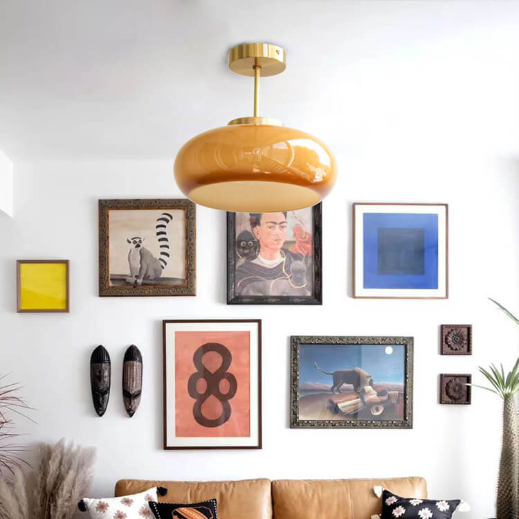 Vintage Brass Yellow Glass Semi-Flush Mount Ceiling Light