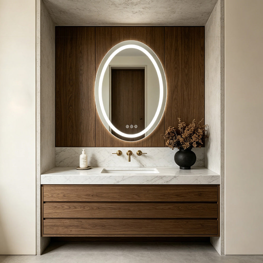 LED Oval Bathroom Lighted Vanity Mirror Multifunctional with Dimmable Touch Lighting, Anti-Fog, Backlit Makeup Mirror, Wall-Mounted Illuminated Vanity Mirror for Home and Salon Use