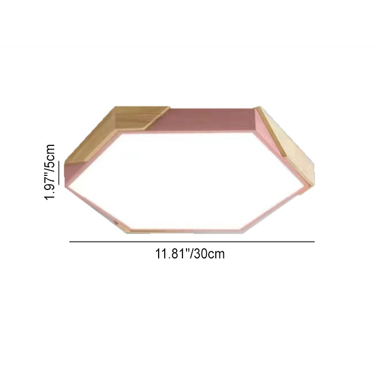 Contemporary Scandinavian Hexagonal Iron Wood Macaron LED Flush Mount Ceiling Light for Bedroom