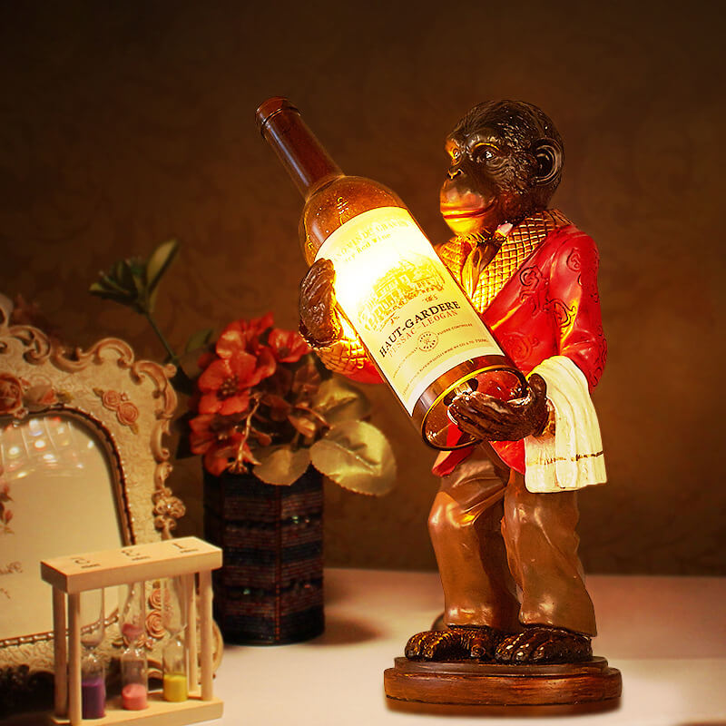 Retro Creative Monkey Resin Wine Bottle 1-Light Decoration Table Lamp, Unique Vintage Home Decor, Funky Animal Table Light, Quirky Wine Bottle Design Lamp, Stylish Monkey Figurine Night Light, Modern Chic Accent Lighting, Ideal Gift for Art Lovers, Decora