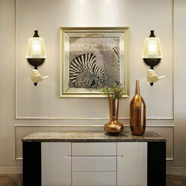 Modern Glass Shade Wall Sconce Lamp with Resin Bird Accent - 1-Light Fixture