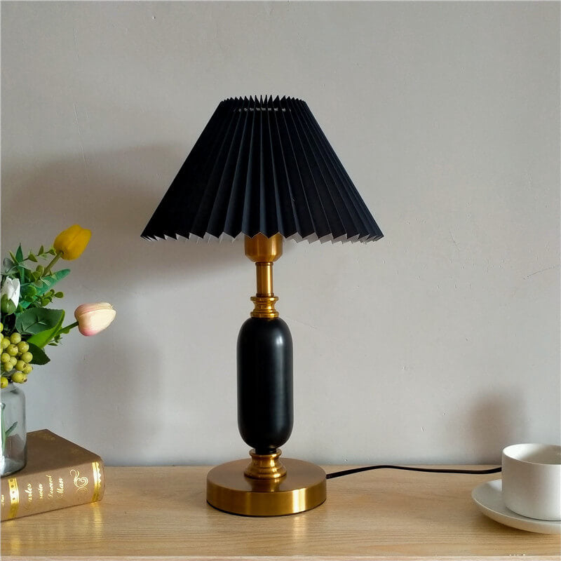 Traditional French Round Fabric PVC Metal Pleated Shade 1-Light Table Lamp for Bedroom, Elegant Bedroom Lighting, Vintage Home Decor, Soft Ambient Light, Stylish Nightstand Lamp, Decorative Table Light, Classic Design Bedside Lamp, Unique Fabric Shade Acc