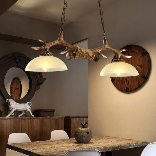 Vintage Resin Antler Chandelier - 2-Light Glass Bowl Shade