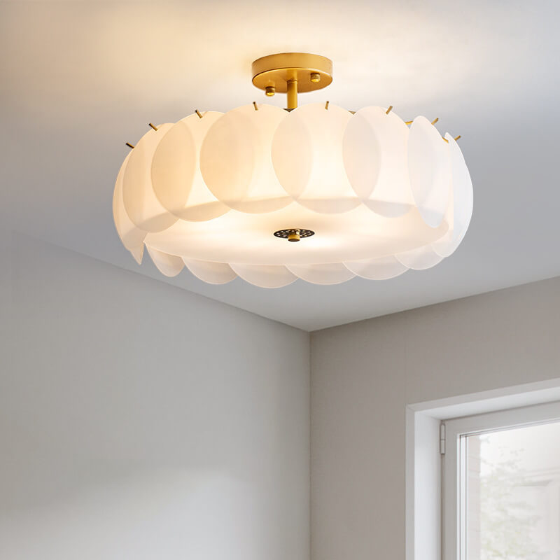French Glass Round Drum Semi-Flush Mount Ceiling Light - 5/6 Light Fixture, Elegant Lighting, Modern Design, Home Decor, Living Room Illumination