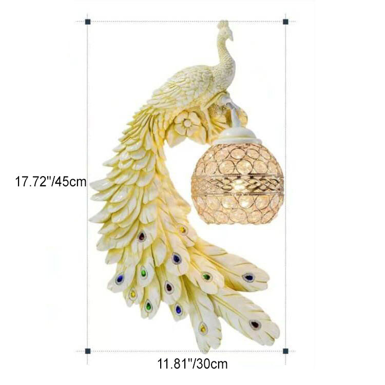 Vintage Ornate Peacock Crystal Ball Wall Sconce Lamp 1-Light
