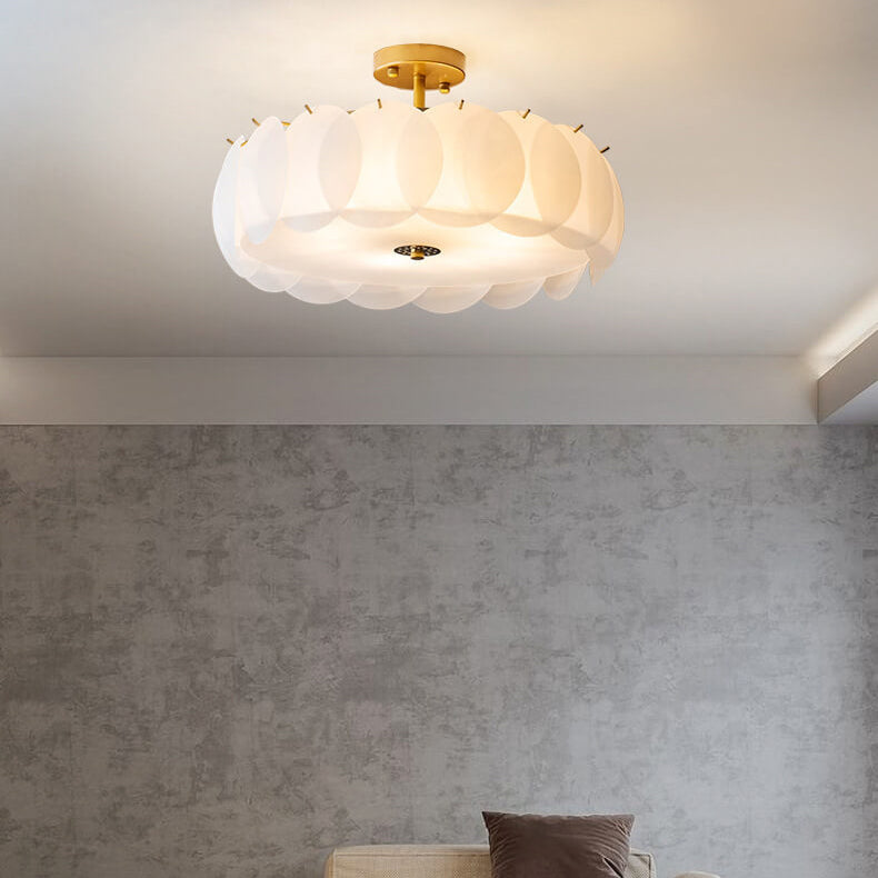 French Glass Round Drum Semi-Flush Mount Ceiling Light - 5/6 Light Fixture, Elegant Lighting, Modern Design, Home Decor, Living Room Illumination