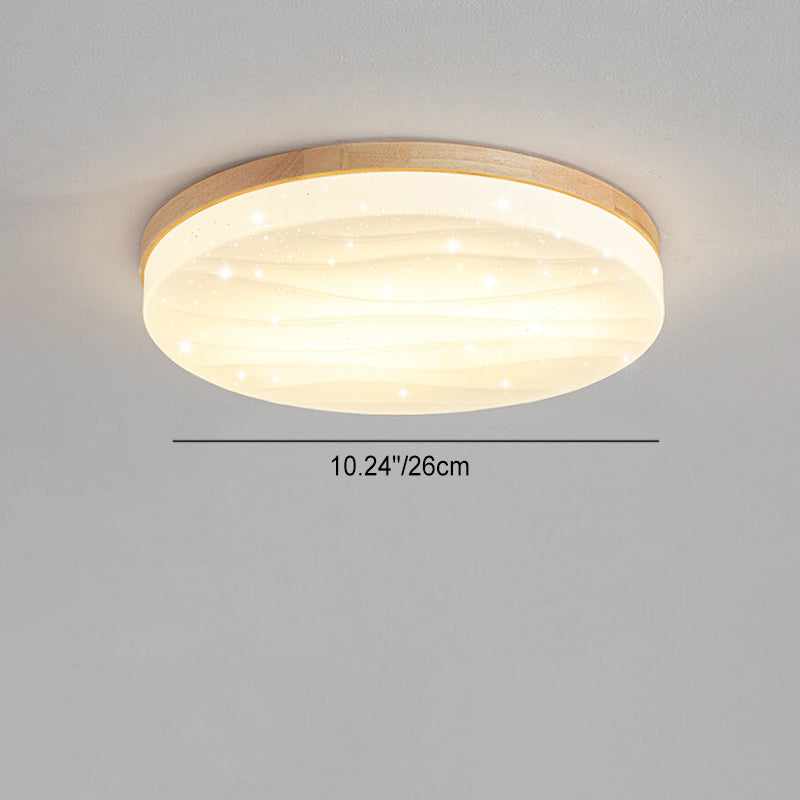 Modern Minimalist Wood Round Shade LED Flush Mount Ceiling Light for Living Room