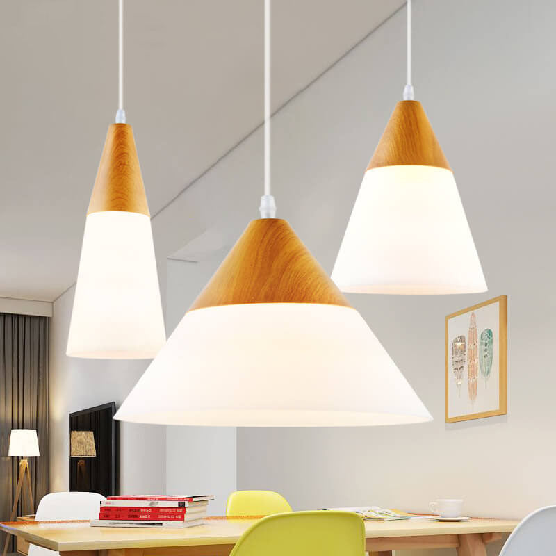 Nordic Wood Grain Glass Pendant Light - Cone Shaped 1-Light Fixture