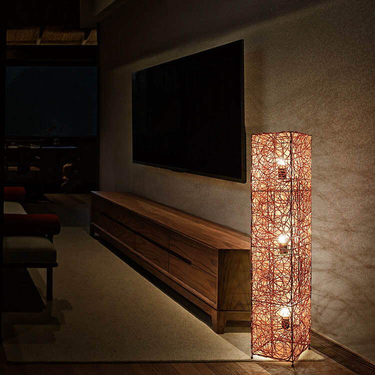 Minimalist Rattan Weaving 3-Light Floor Lamp - Column Design, Eco-Friendly Lighting, Bohemian Home Decor, Adjustable Brightness, Stylish Indoor Lighting, Warm Ambiance Lamp