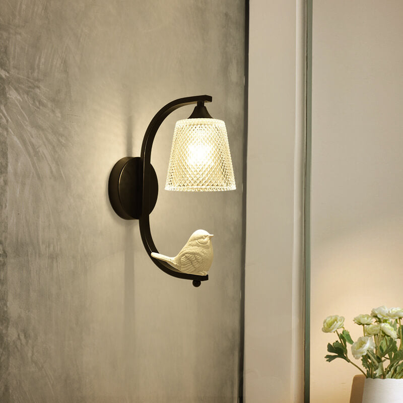 Modern Glass Shade Wall Sconce Lamp with Resin Bird Accent - 1-Light Fixture