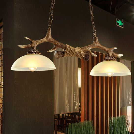 Vintage Resin Antler Chandelier - 2-Light Glass Bowl Shade