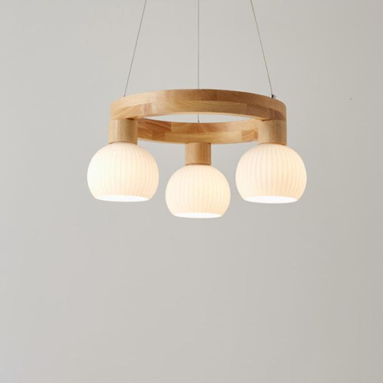 Modern Japanese Log Ring Textured Glass Globe Chandelier - 3/6/9 Light Pendant Fixture for Dining Room, Living Room, and Entryway Lighting
