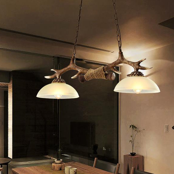 Vintage Resin Antler Chandelier - 2-Light Glass Bowl Shade