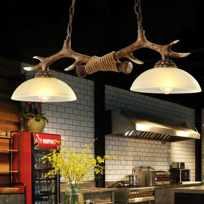 Vintage Resin Antler Chandelier - 2-Light Glass Bowl Shade