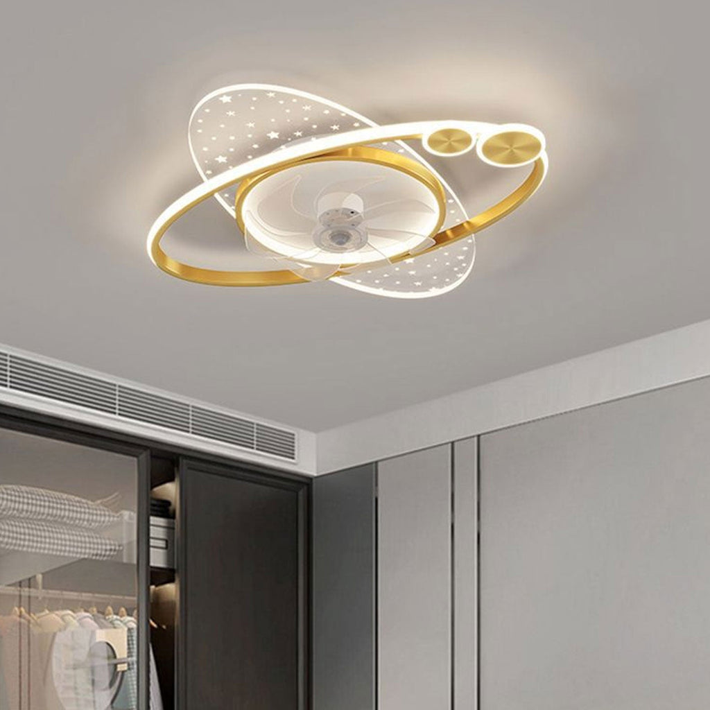 Modern Creative Planet Star Effect LED Flush Mount Ceiling Fan Light, Contemporary Indoor Lighting Fixture, Energy-Efficient Ceiling Fan with Light, Stylish LED Ceiling Fan for Home Decor, Whisper Quiet Ceiling Fan with Remote Control, Unique Star Pattern