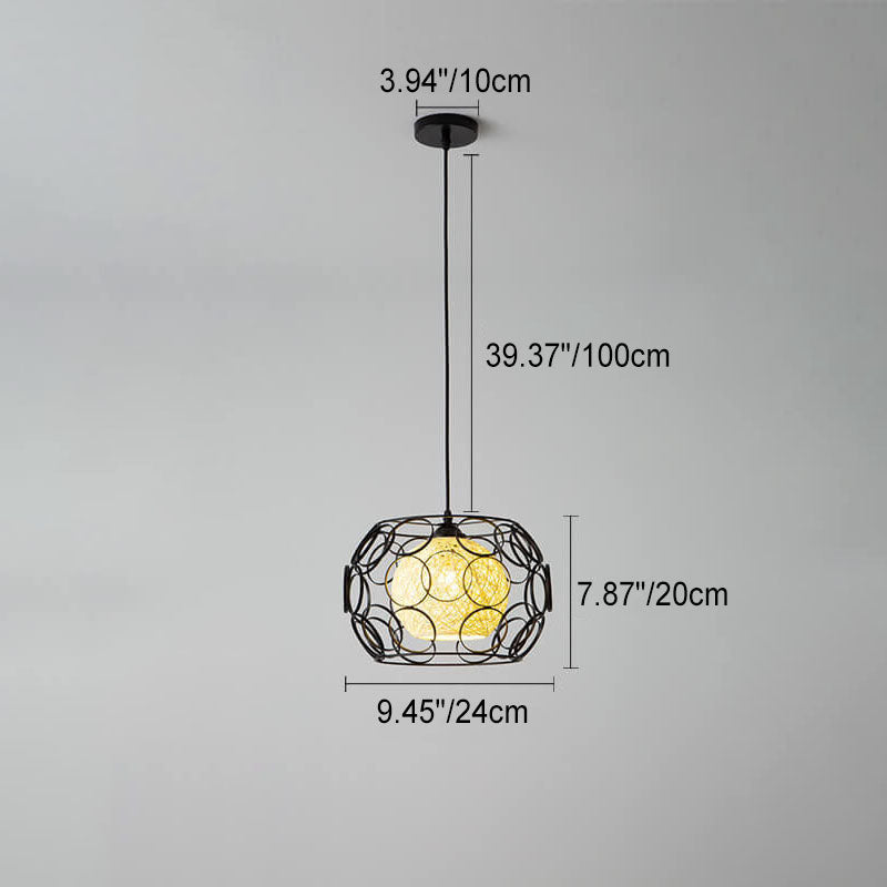 Modern Hemp Ball Pendant Light - Minimalist Iron Drum Fixture for Living Room