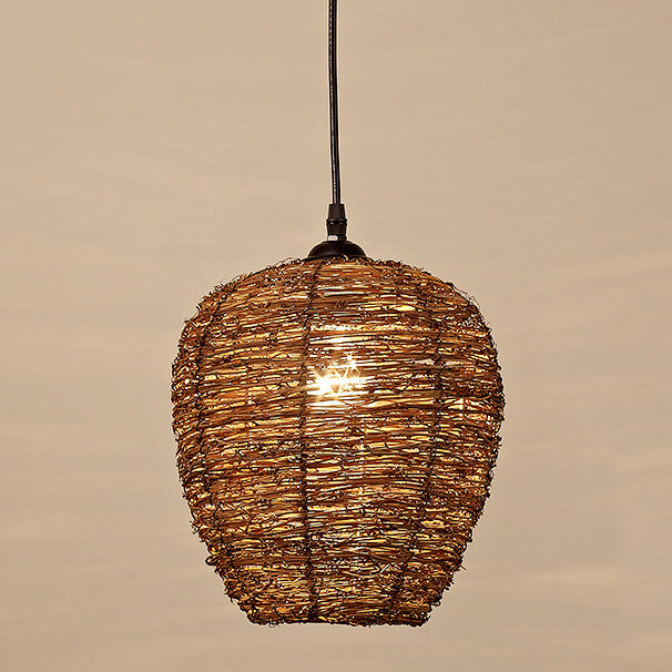 Retro Rattan Weaving Dome Pendant Light - 1-Light Hanging Fixture, Boho Chic Design, Natural Fiber, Indoor Lighting, Vintage Style, Warm Atmosphere, Decorative Ceiling Light
