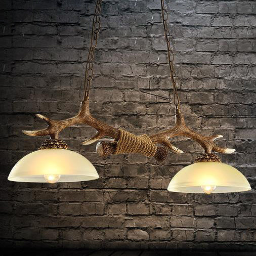 Vintage Resin Antler Chandelier - 2-Light Glass Bowl Shade