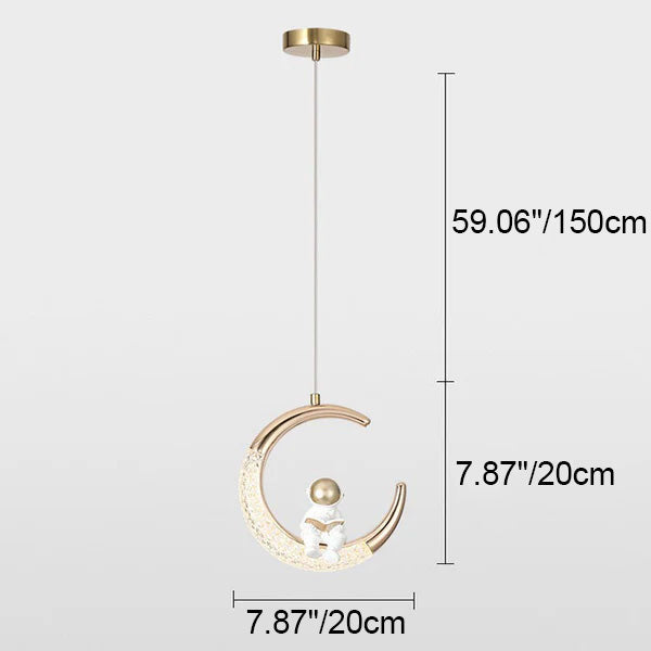 Modern Minimalist Acrylic Iron Astronaut Moon LED Pendant Light for Kids Room, Bedroom, Living Room Decor, Unique Space Themed Lighting, Stylish Nursery Light Fixture