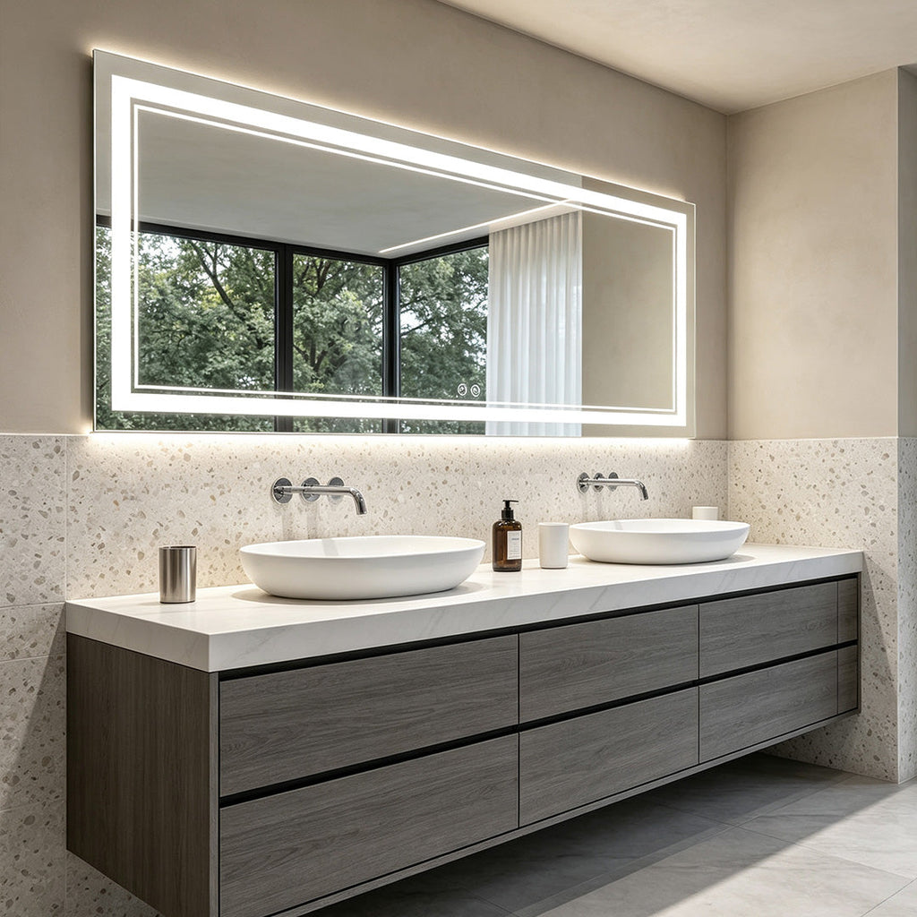 Bathroom Vanity Mirror with Lights Smart LED Anti-Fog Light, Illuminated Mirror with Touch Sensor, Adjustable Brightness, Demisting Feature, Contemporary Design, Makeup Mirror for Dressing Room, Wall-Mounted Mirror, Modern Bathroom Accessories, Energy-Eff