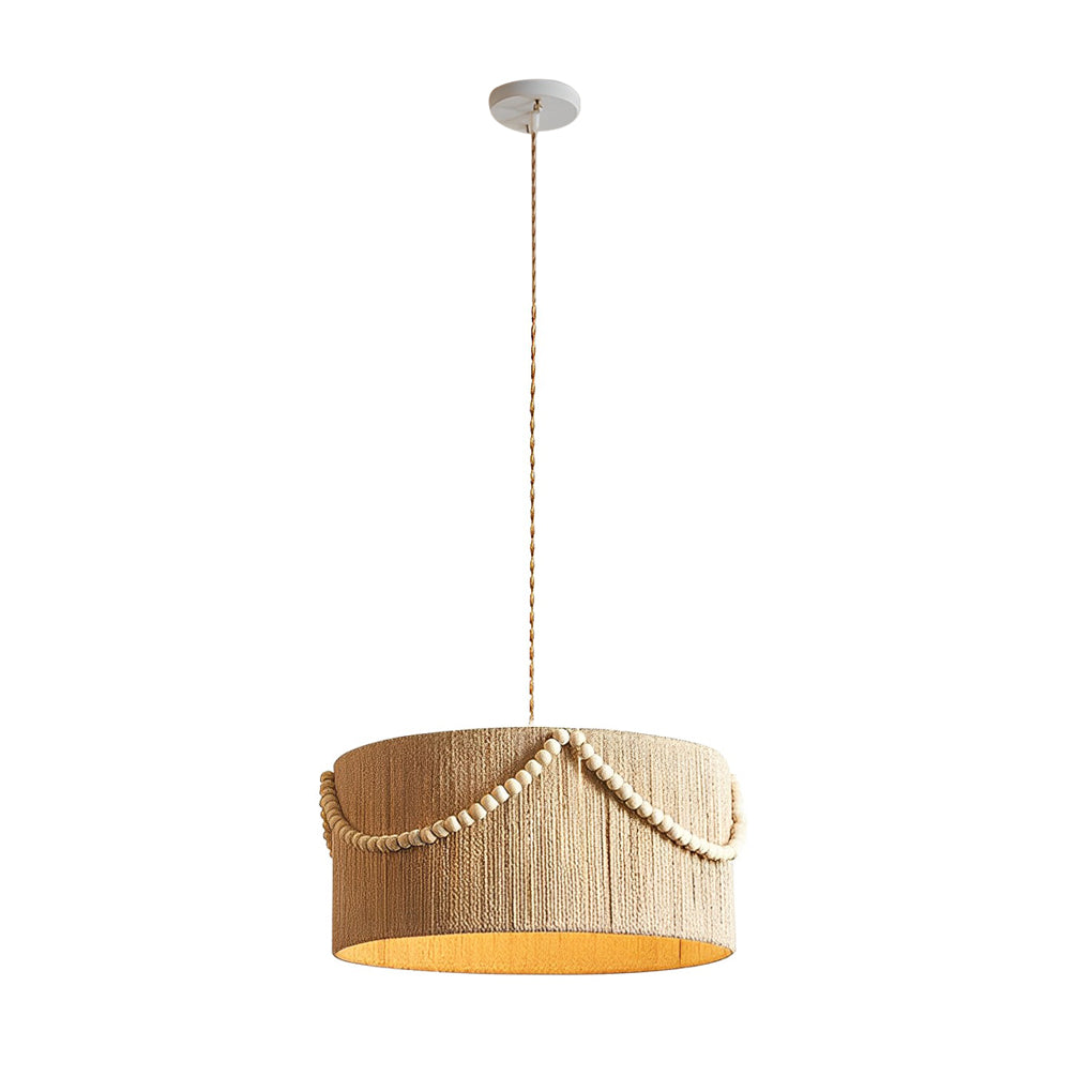 Boho Chandelier Pendant Lamp with Twine Rope, Wood Beads, and Tassels