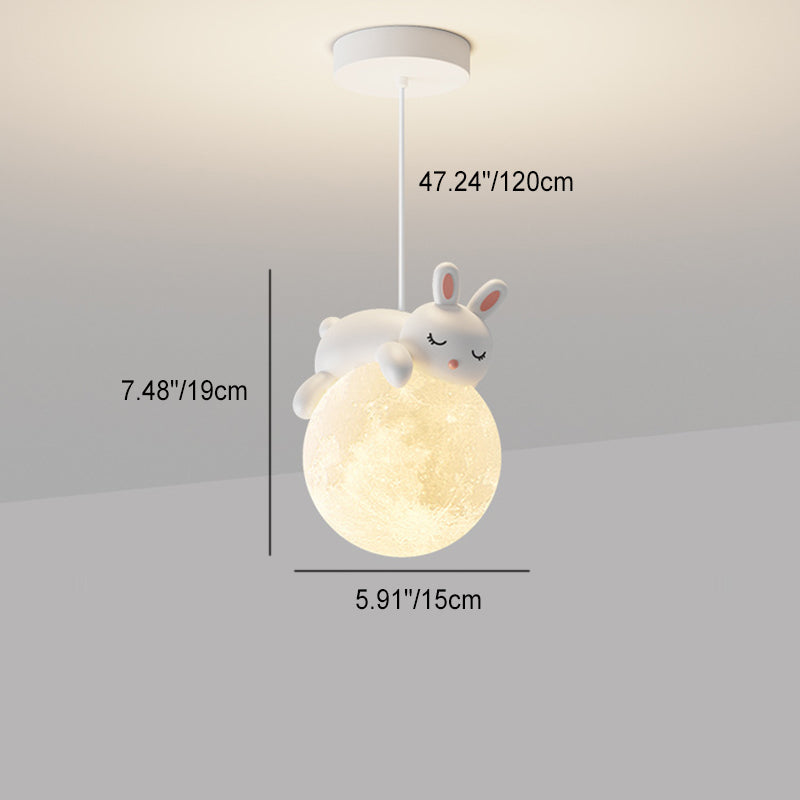 Contemporary Creative Resin Rabbit Moon 1-Light Kids Pendant Light for Living Room, Playroom, Nursery, Cute Rabbit Design, Children's Bedroom Lighting, Unique Pendant Fixture, Decorative Home Accent, Modern Animal Pendant Light, Kids Room Decor, Adjustabl
