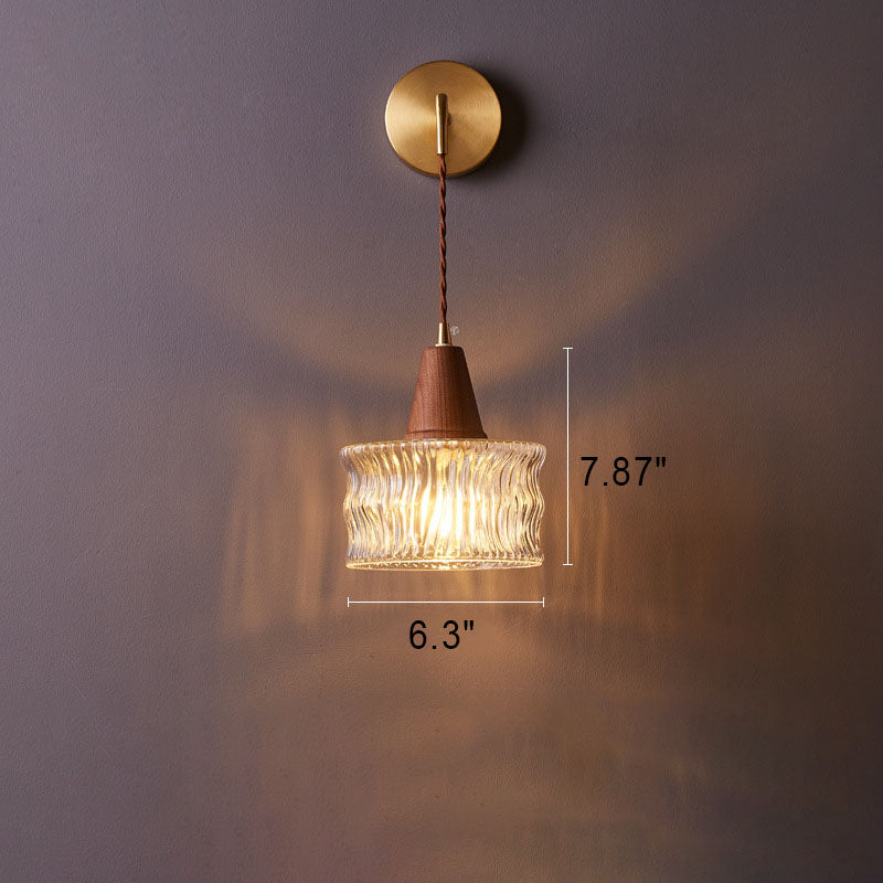 Traditional Japanese Walnut Glass Copper Wall Sconce Lamp 1-Light