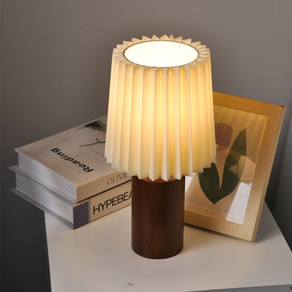 Vintage Korean Pleated Column Wooden Base Table Lamp - 1-Light Design
