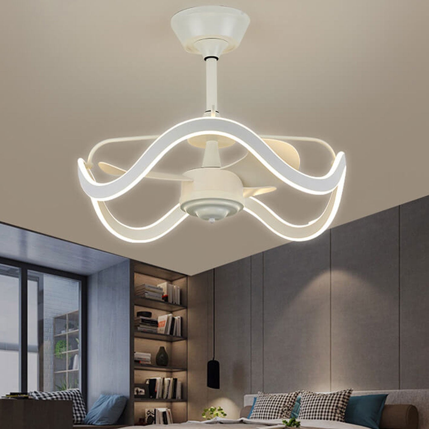 Modern Luxury Circular Inverter Silent Downrod Ceiling Fan Light