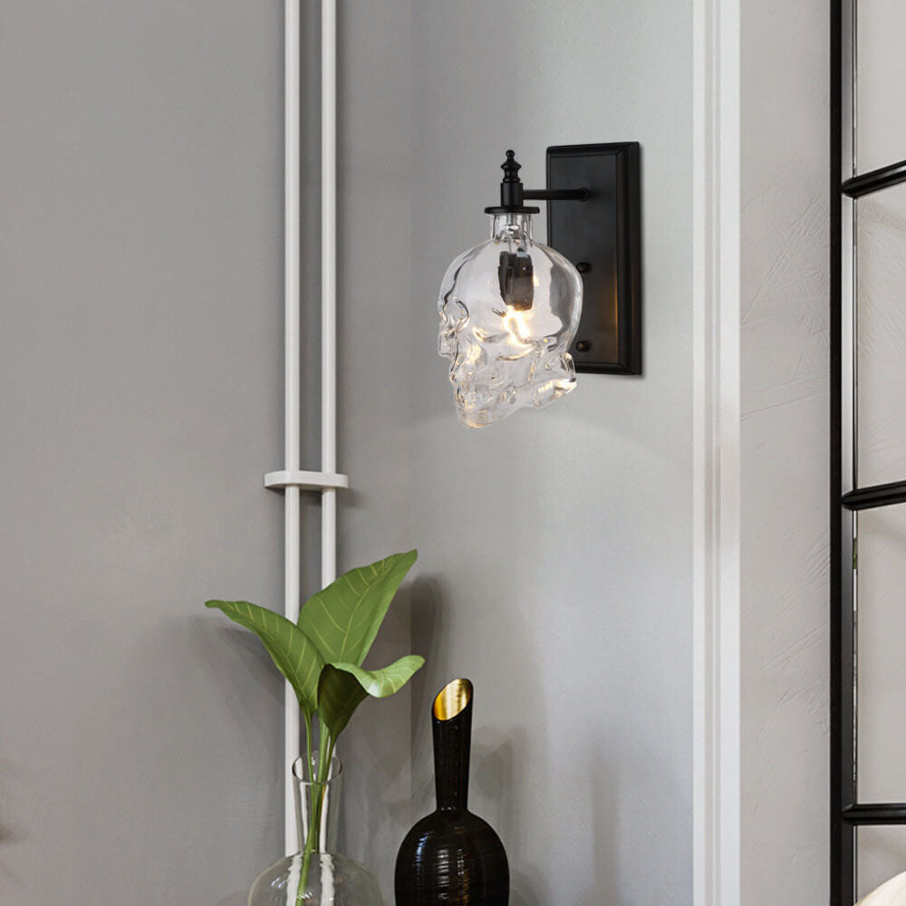 Contemporary Skull Glass Iron Wall Sconce - 1-Light Halloween Lamp for Living Room