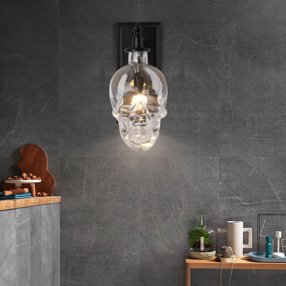 Contemporary Skull Glass Iron Wall Sconce - 1-Light Halloween Lamp for Living Room