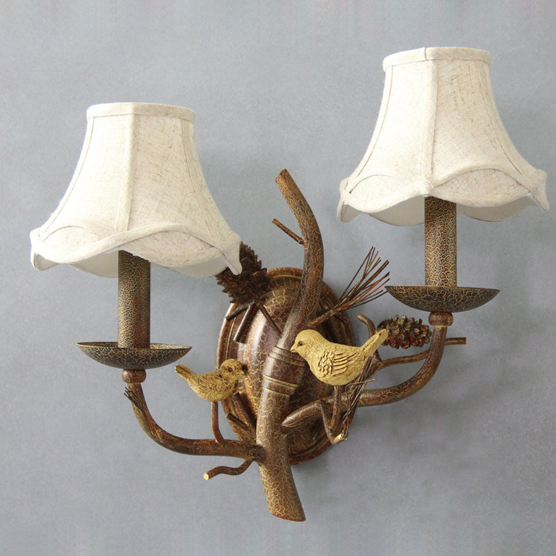 Vintage Fabric Bird Pinecone Resin Wall Sconce Lamp 1/2 Light