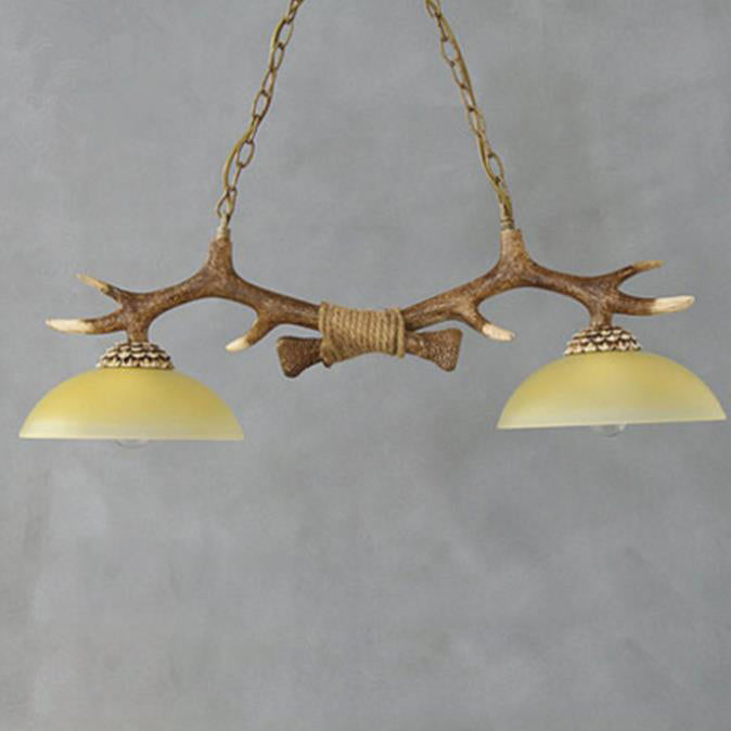 Vintage Resin Antler Chandelier - 2-Light Glass Bowl Shade