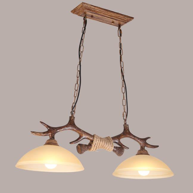 Vintage Resin Antler Chandelier - 2-Light Glass Bowl Shade