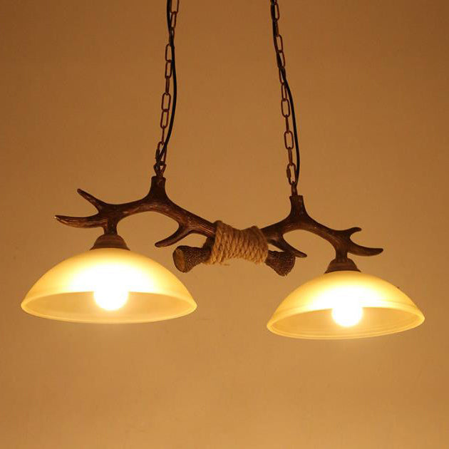 Vintage Resin Antler Chandelier - 2-Light Glass Bowl Shade