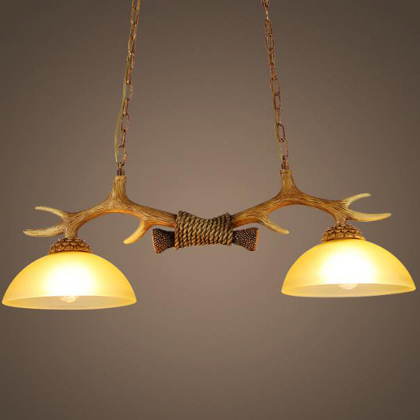 Vintage Resin Antler Chandelier - 2-Light Glass Bowl Shade