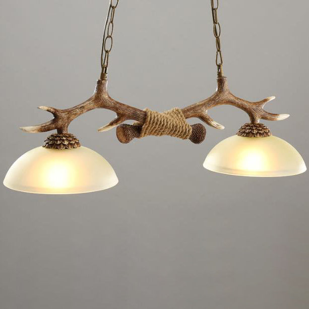Vintage Resin Antler Chandelier - 2-Light Glass Bowl Shade