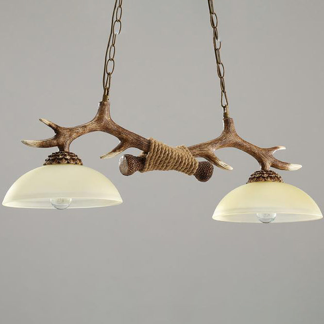 Vintage Resin Antler Chandelier - 2-Light Glass Bowl Shade