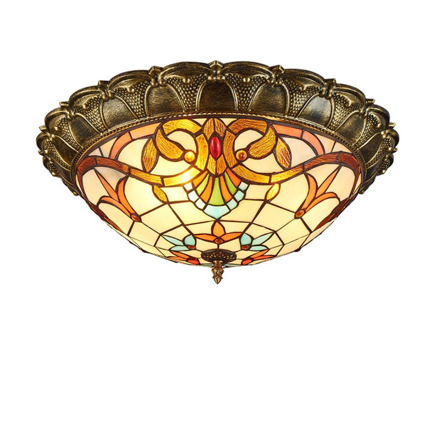 Vintage Tiffany Round Stained Glass LED Flush Mount Light