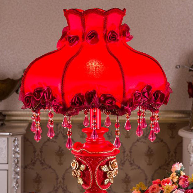 European Wedding Red Fabric Tassel Lamp - 1-Light Resin Table Lamp for Home Decor
