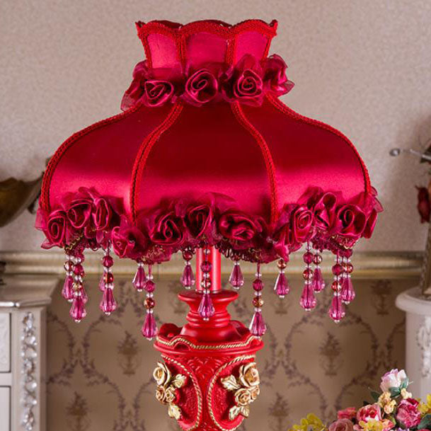 European Wedding Red Fabric Tassel Lamp - 1-Light Resin Table Lamp for Home Decor