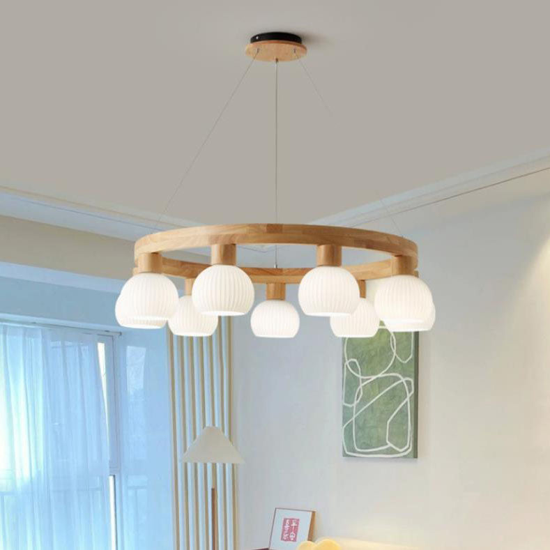 Modern Japanese Log Ring Textured Glass Globe Chandelier - 3/6/9 Light Pendant Fixture for Dining Room, Living Room, and Entryway Lighting