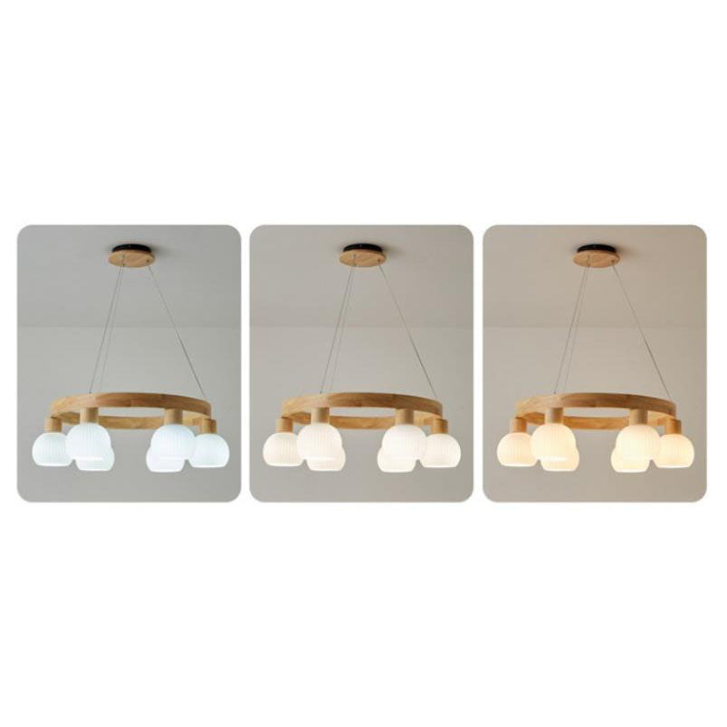 Modern Japanese Log Ring Textured Glass Globe Chandelier - 3/6/9 Light Pendant Fixture for Dining Room, Living Room, and Entryway Lighting