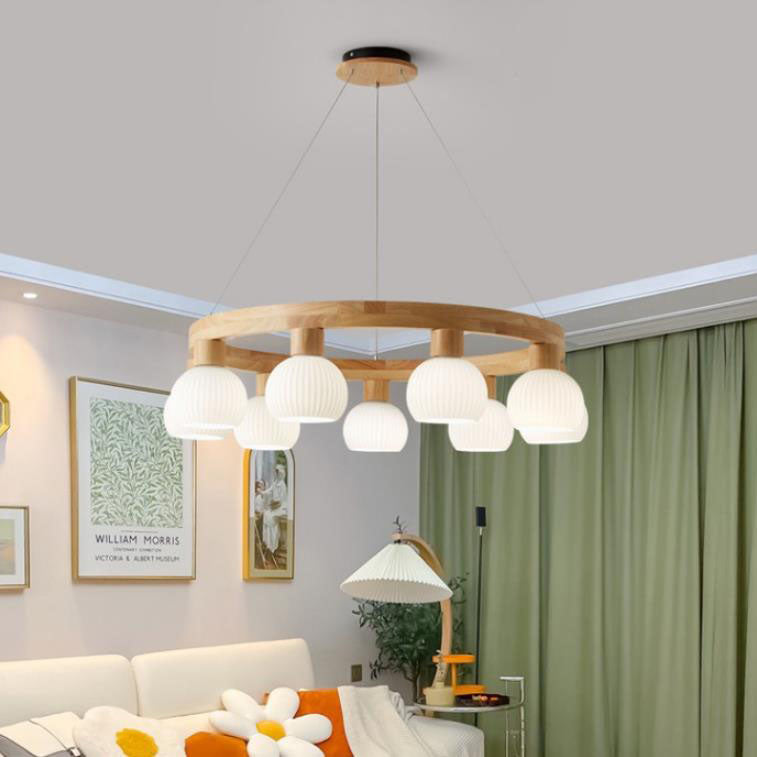 Modern Japanese Log Ring Textured Glass Globe Chandelier - 3/6/9 Light Pendant Fixture for Dining Room, Living Room, and Entryway Lighting