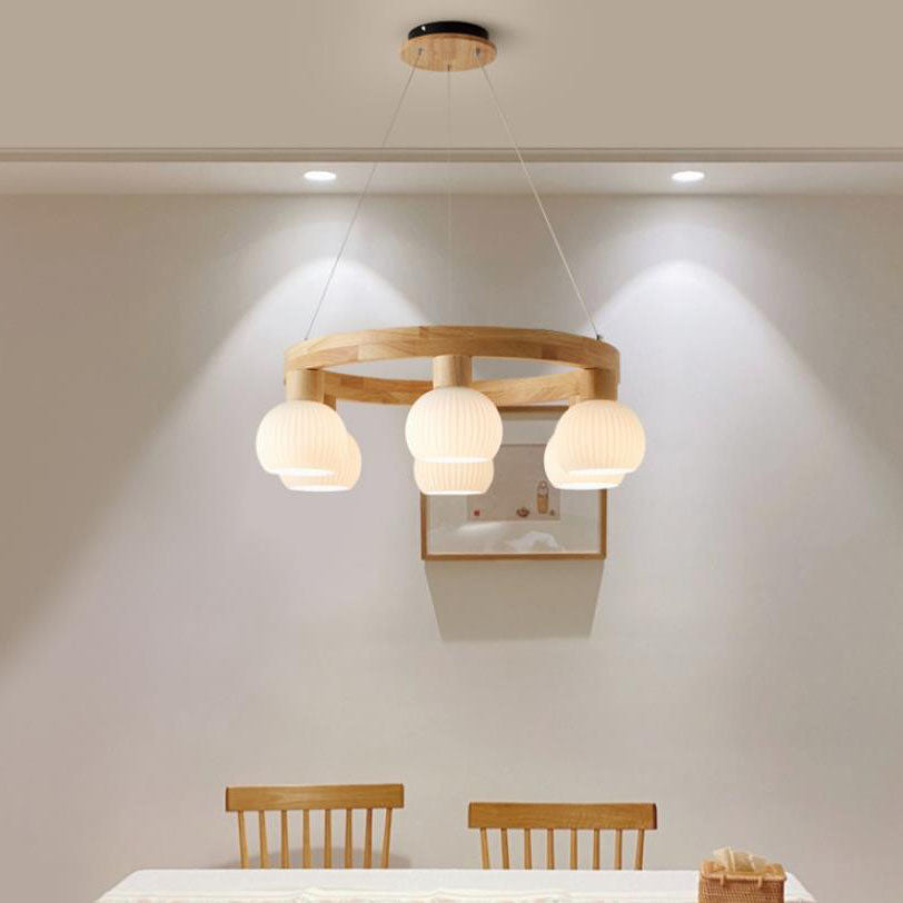 Modern Japanese Log Ring Textured Glass Globe Chandelier - 3/6/9 Light Pendant Fixture for Dining Room, Living Room, and Entryway Lighting