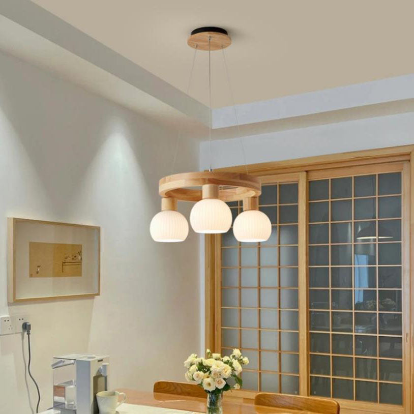 Modern Japanese Log Ring Textured Glass Globe Chandelier - 3/6/9 Light Pendant Fixture for Dining Room, Living Room, and Entryway Lighting